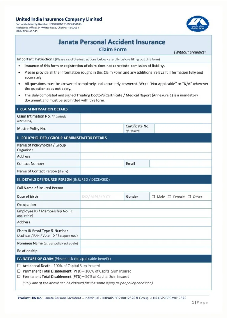 A blank Janata Personal Accident Insurance claim form from United India Insurance, with instructions and four numbered sections