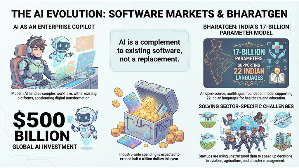 AI impact on software markets explained through insights from CP Gurnani and Professor Ganesh Ramakrishnan, covering BharatGen, enterprise copilots, Indian AI startups and sovereign AI collaboration.