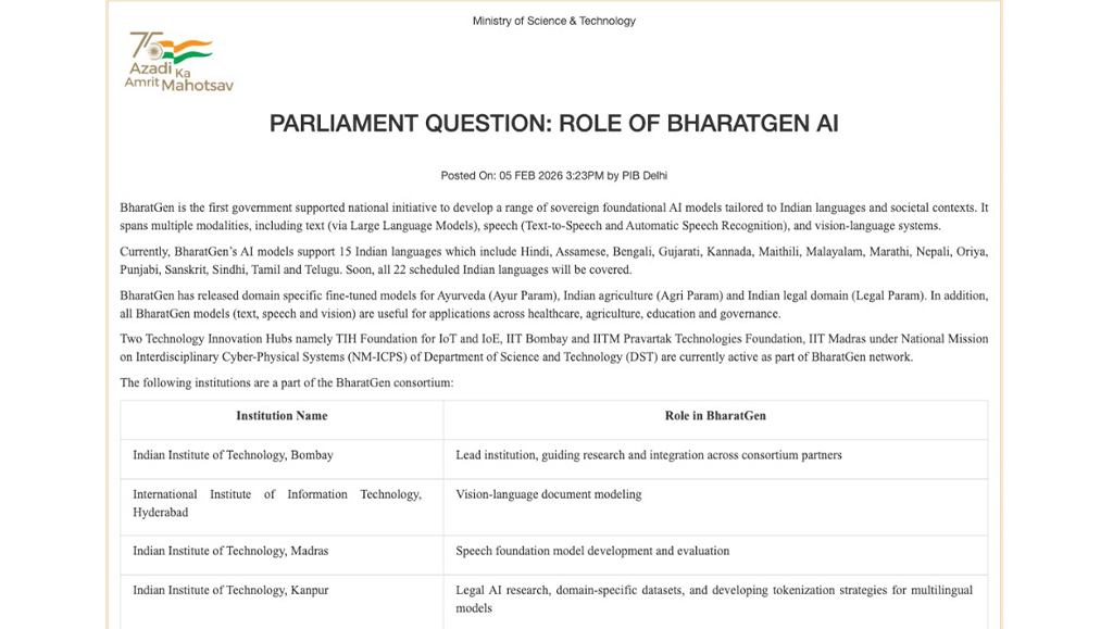BharatGen Sovereign AI Models initiative is India’s first government-supported effort building foundational AI models across text, speech and vision, tailored to Indian languages and societal needs, as highlighted by PIB.