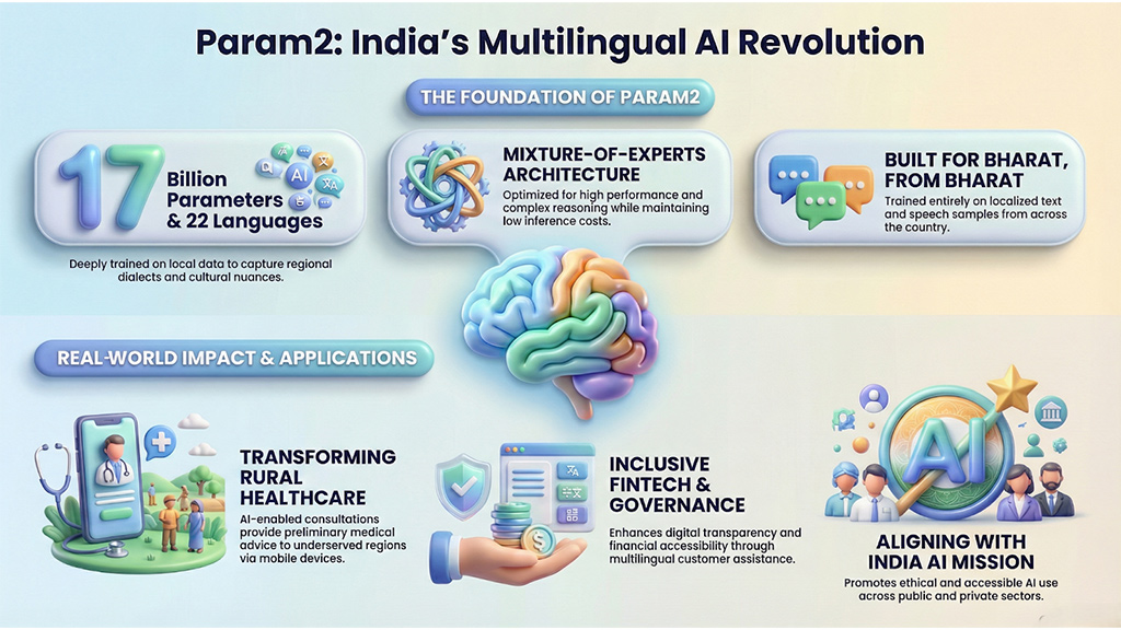 India launches Param2, a 17B-parameter multilingual AI model by BharatGen supporting 22 languages, transforming healthcare, fintech, and governance under the India AI Mission.